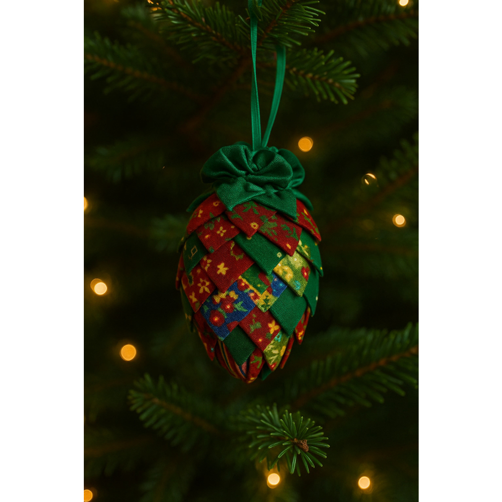 Festive Handmade Quilted Pinecone Ornament Red Green Ribbon Christmas Decor